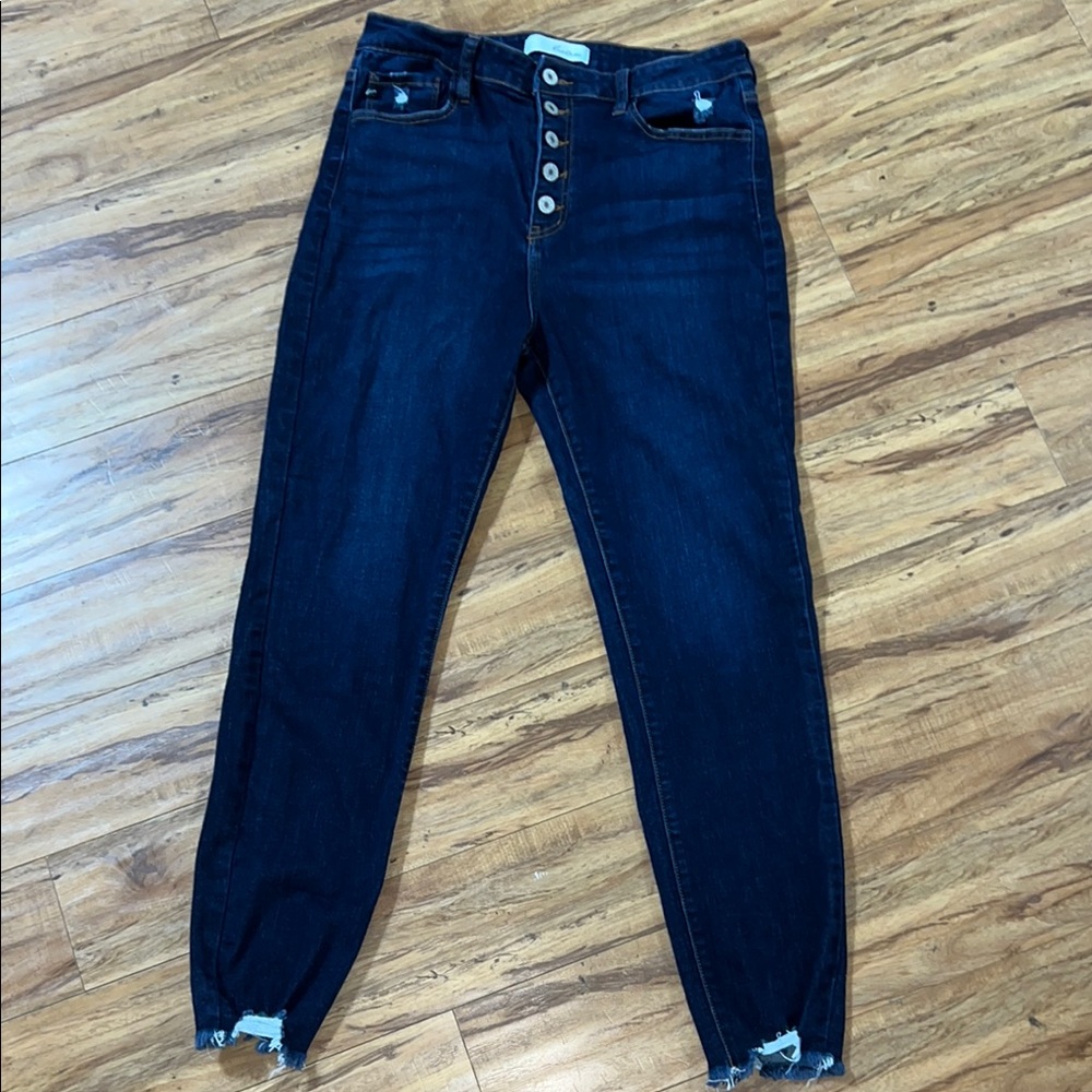 KanCan NWOT Button Fly Blue Ankle Jeans with Raw Hem Size 13/30